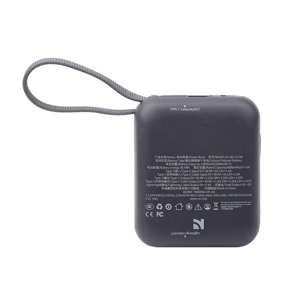 10000mAh 22.5W Fast Charging Power Bank with Built-in Cables